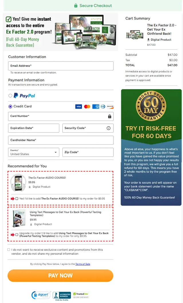 the ex factor 2.0 Checkout Page